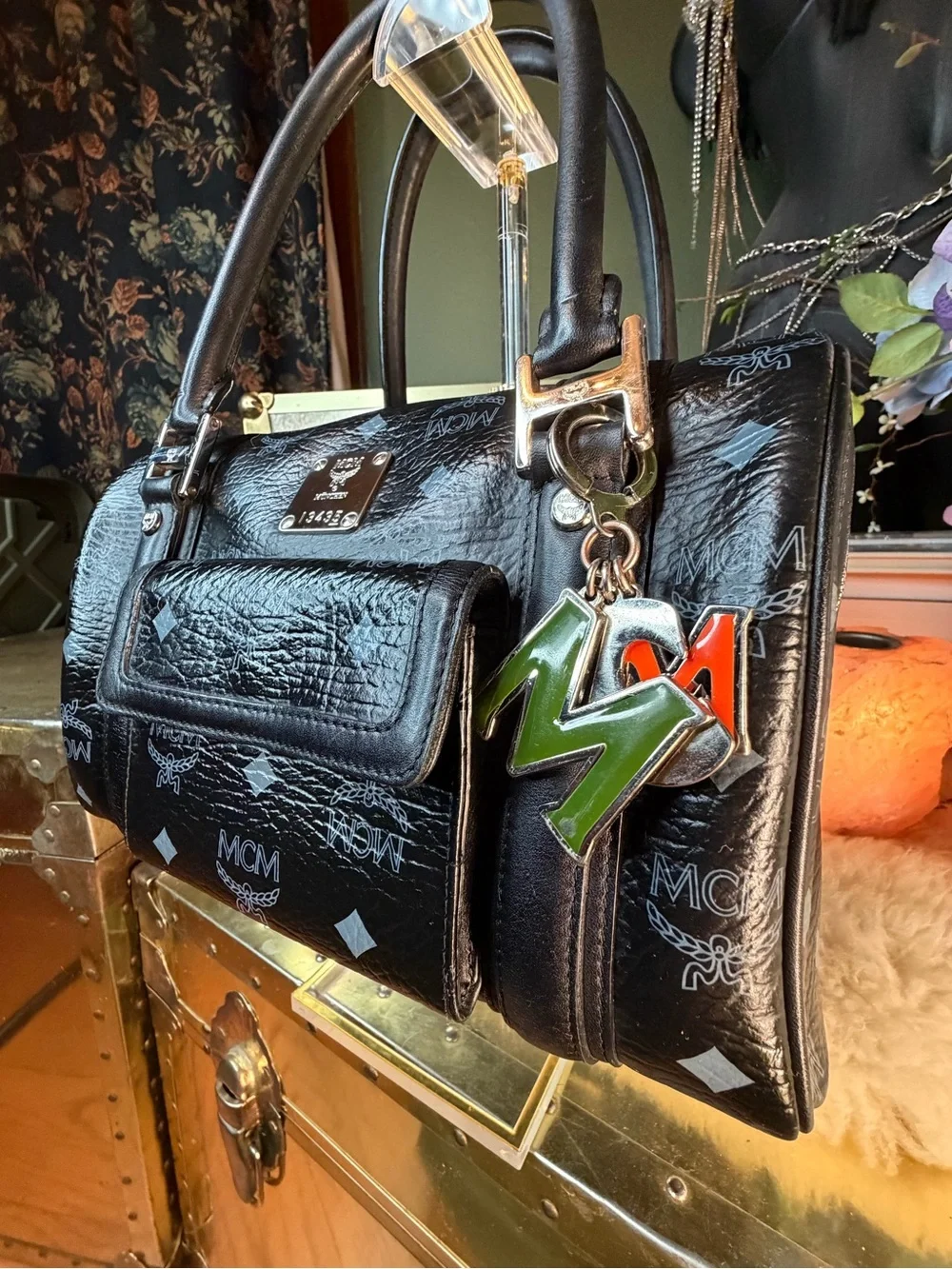 MCM Black Monogram Satchel Boston with Green-Silver-Orange MCM Charm